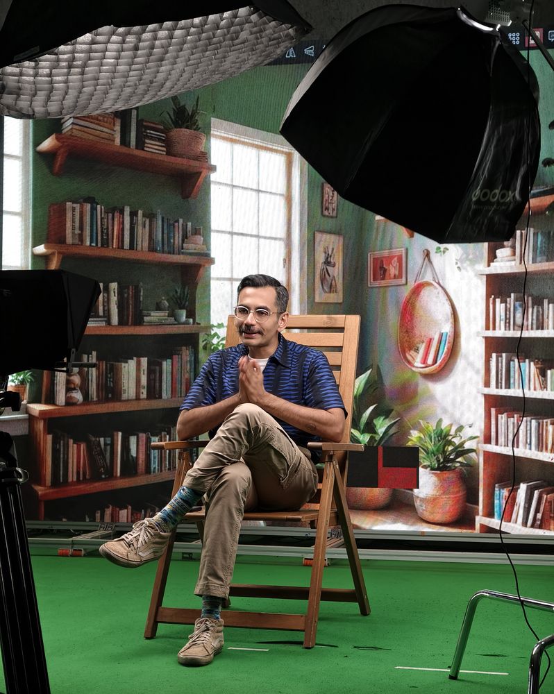 A guest seated on a green floor library set